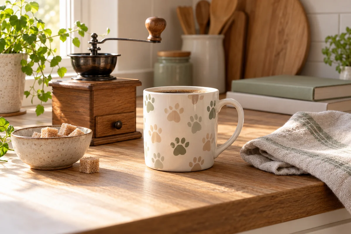 A mug with a handle sitting on a counter beside a coffee grinder and a small bowl of sugar.