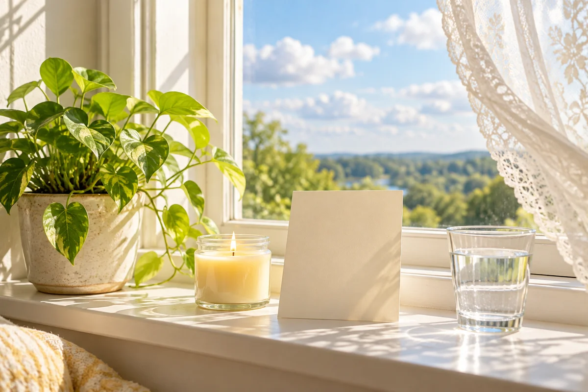 A windowsill with a small potted plant, a candle and a blank card.