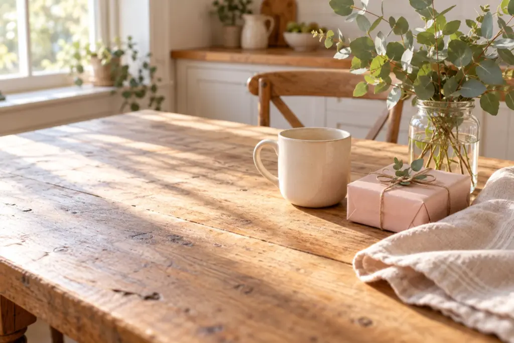 A plain mug, a small wrapped gift and a vase of green stems on a sunlit kitchen table.