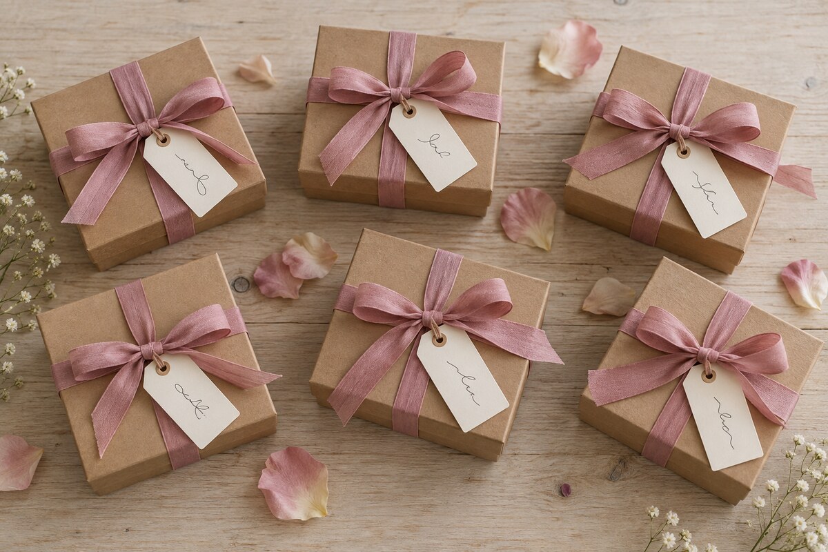 Six identical gift bundles on a table, each with its own handwritten tag