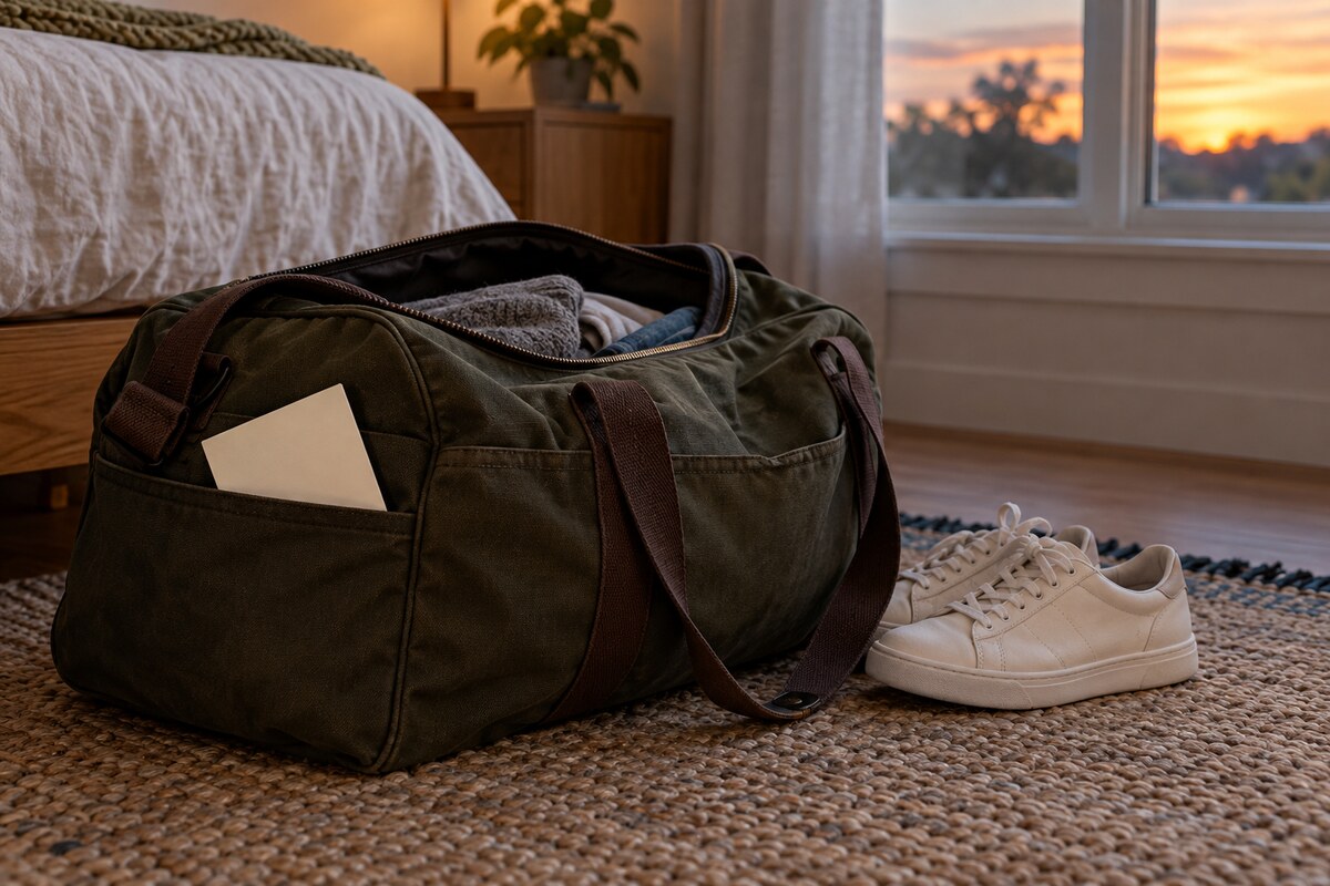 A folded card tucked into a packed duffel bag beside a pair of sneakers