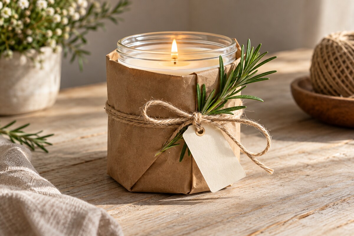 A kraft paper wrapped candle with a blank tag tied with twine on a table