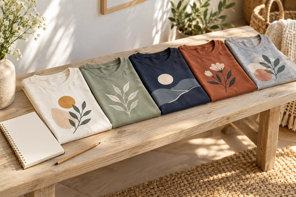 Several folded tees in different colors lined up on a bench with a notebook