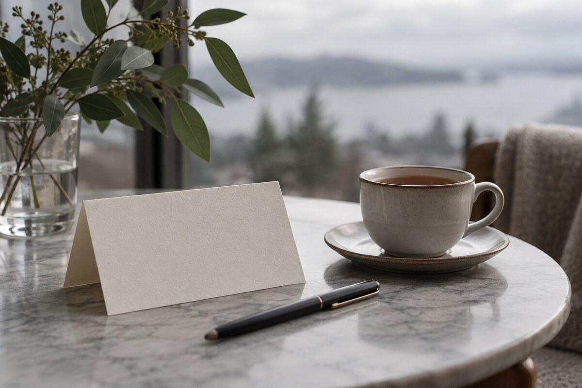 A folded note card and a pen beside a cup of tea on a small table