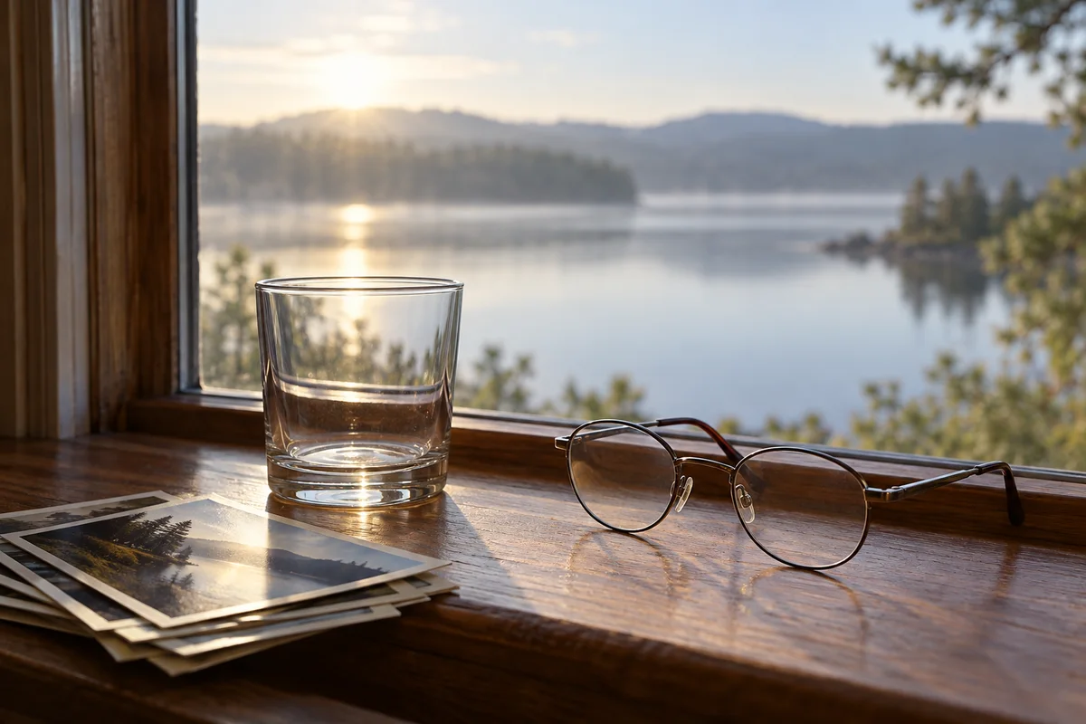A tumbler, a pair of reading glasses and a stack of old photographs on a windowsill with a lake view.