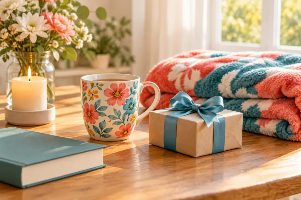 A birthday mug, a folded blanket and a small gift on a bright wooden table by a window.