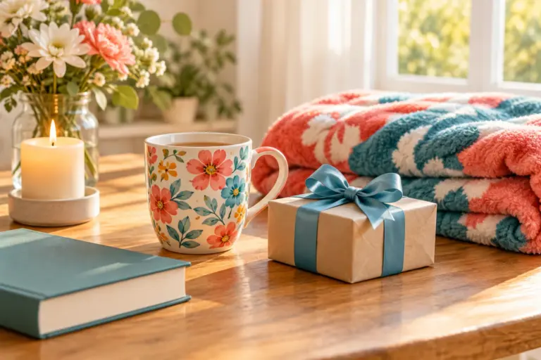 A birthday mug, a folded blanket and a small gift on a bright wooden table by a window.