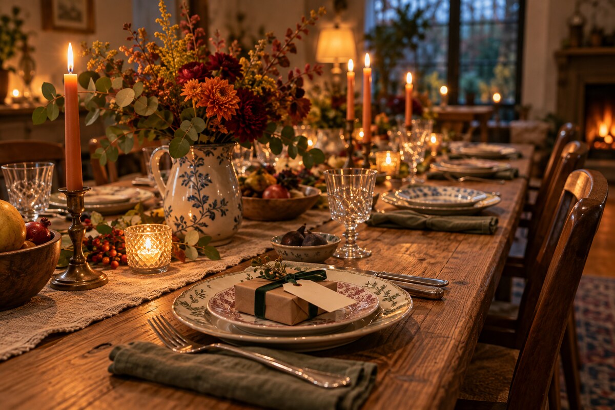 A family dining table set for a milestone dinner with a wrapped gift at one place setting