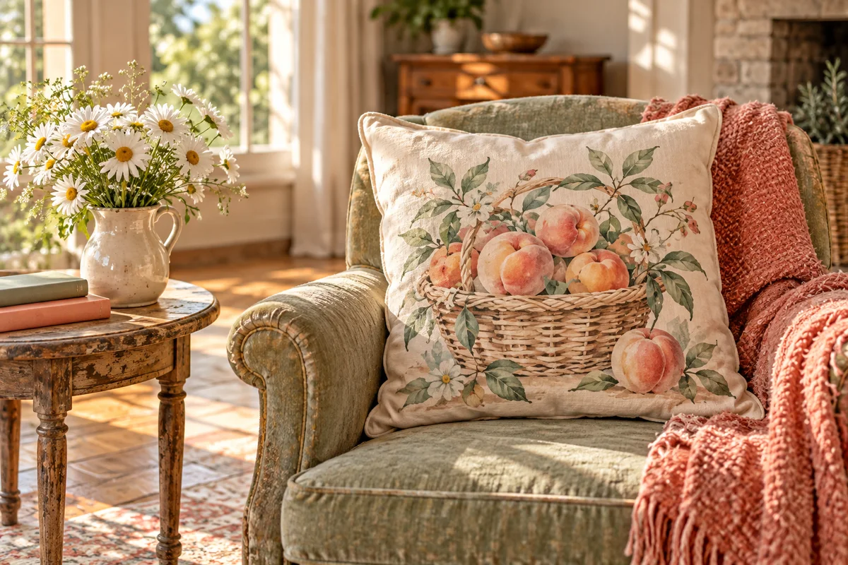 A cushion with a fruit-basket pattern on an armchair beside a vase of daisies.