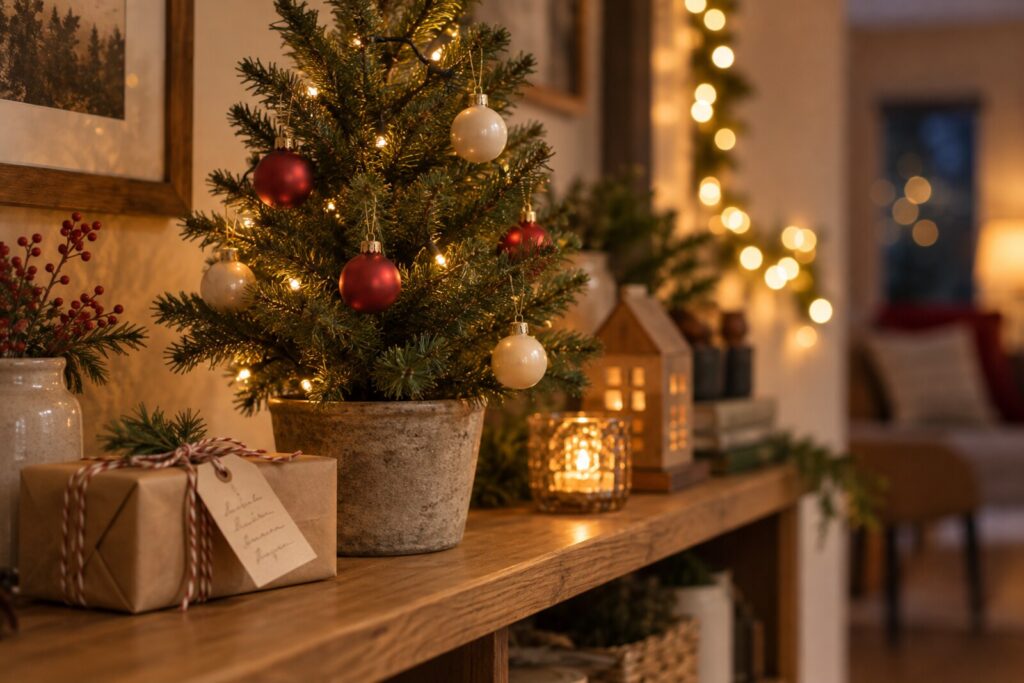 A small Christmas tree with a few ornaments, a wrapped gift and a handwritten tag on a shelf.