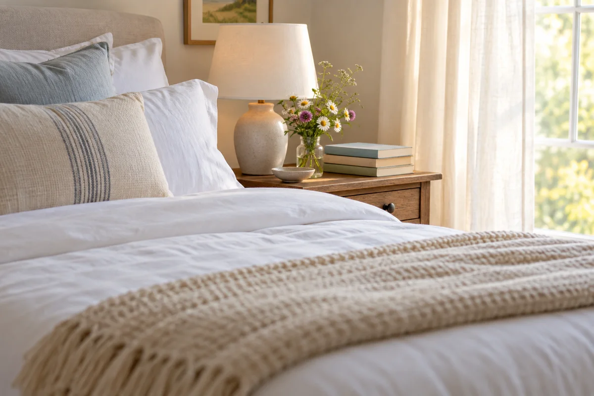 A folded cream throw and a small stack of books on a guest bed with a bedside lamp.