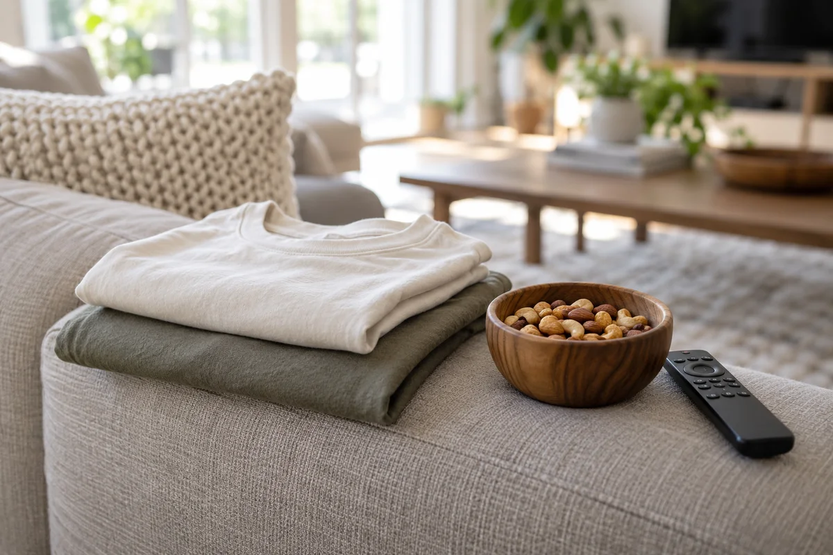 Two folded plain tees and a bowl of snacks on a sofa arm beside a remote.
