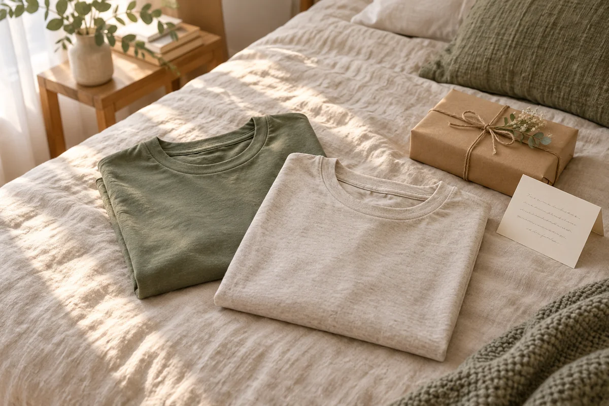 A family tee laid flat beside a small gift and a folded card on a bed.