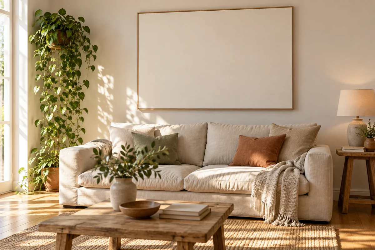 A large blank canvas hung above a sofa with a plant and a small side table.