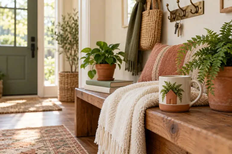A terracotta planter, a mug and a folded blanket on a bright entryway bench