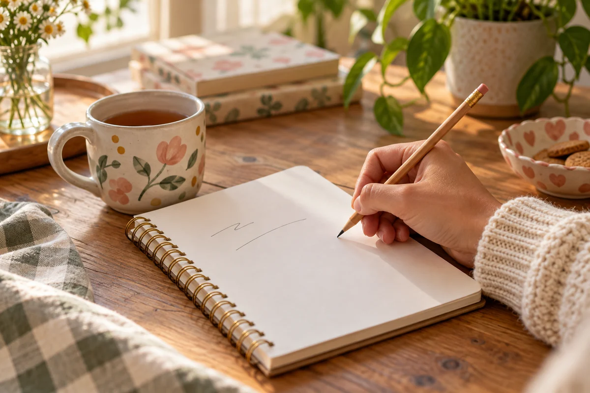 A hand holding a pencil above a notepad beside a mug of tea
