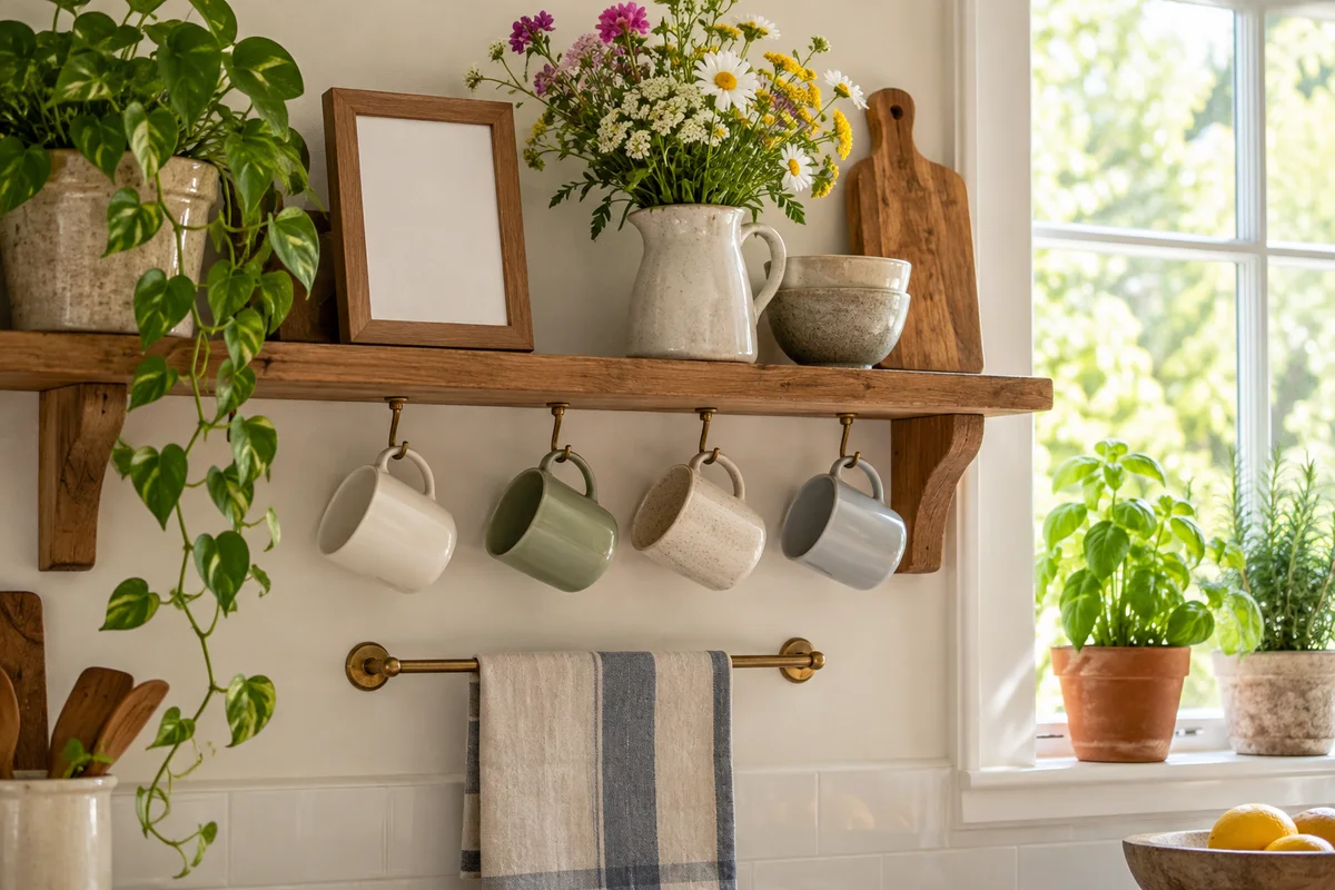 A kitchen shelf with a row of mugs, a small framed photo and a vase of fresh flowers.