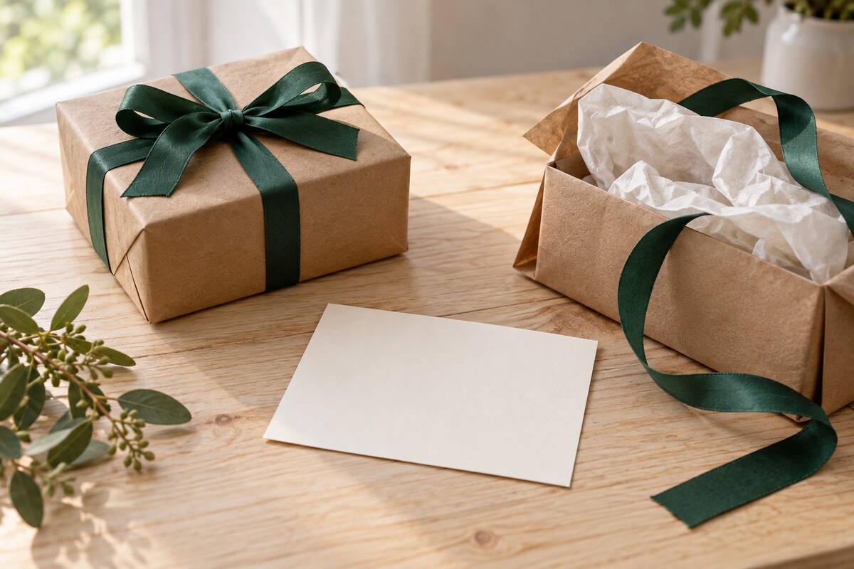 Two wrapped parcels with matching ribbon on a table, one slightly open