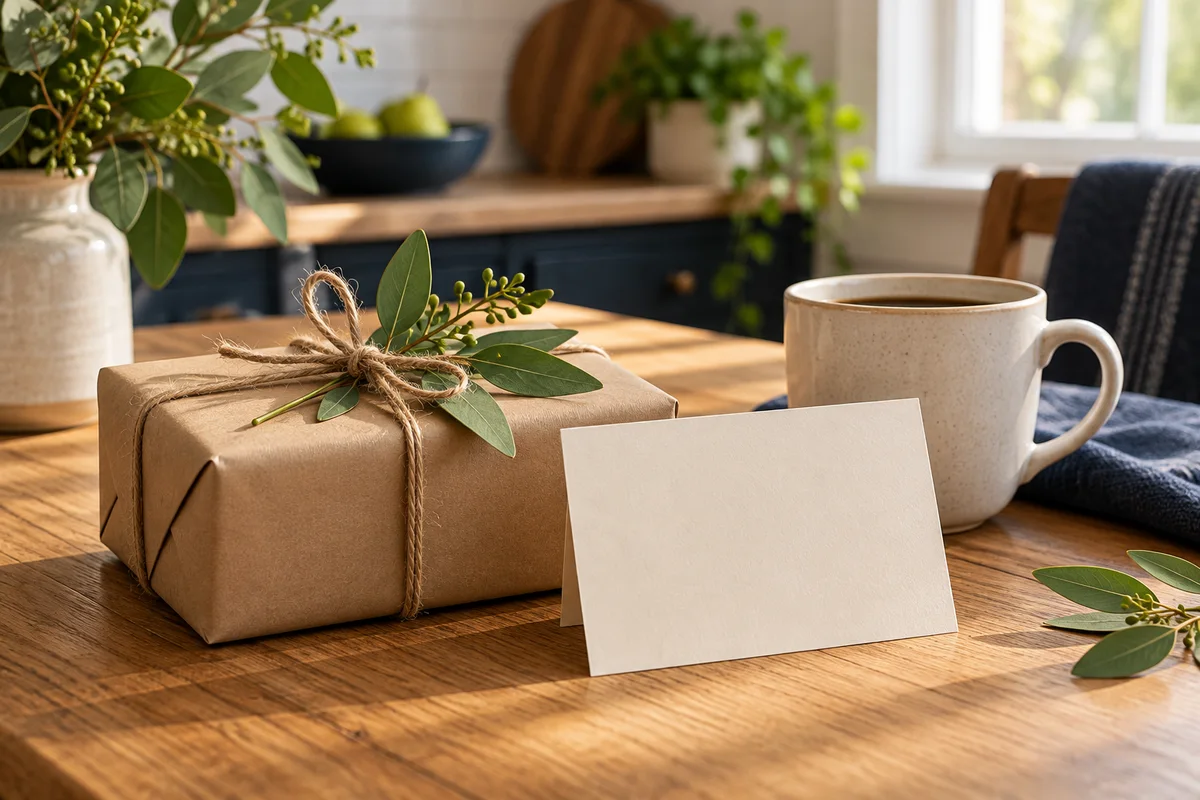 A gift wrapped in brown paper with twine and a green sprig beside a coffee cup.