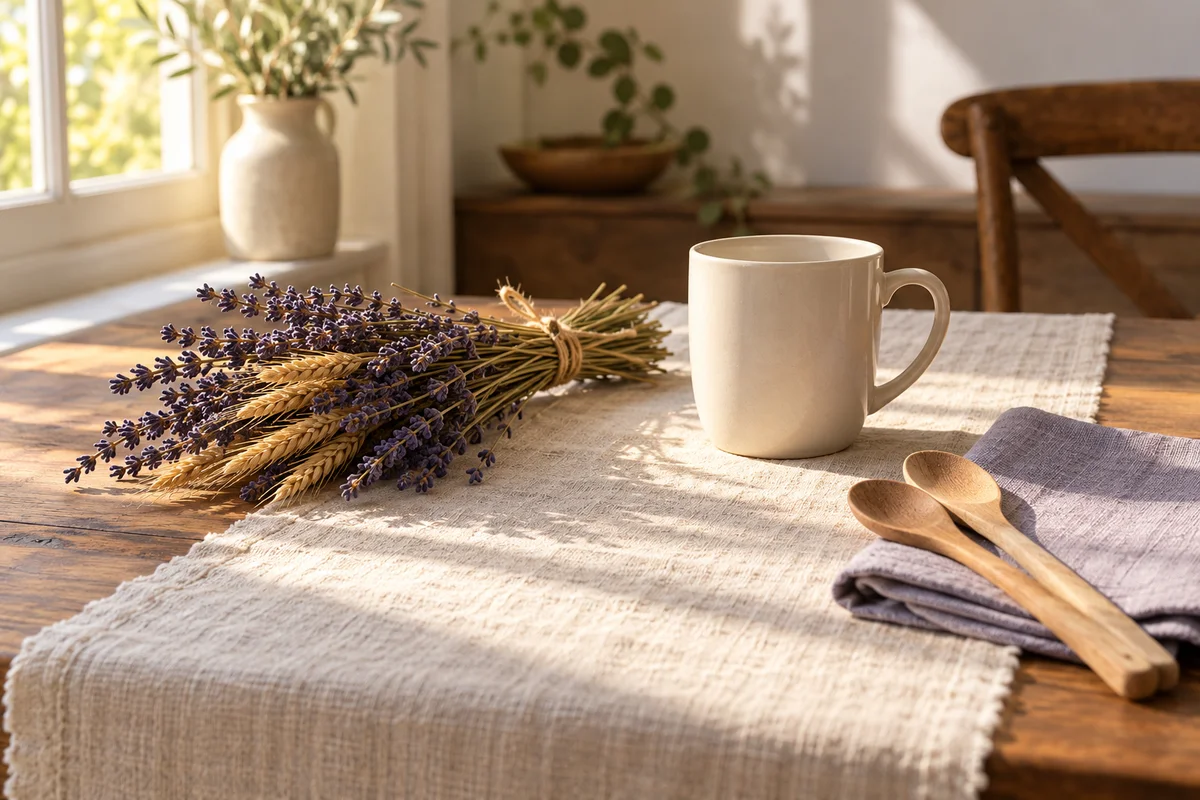 A plain mug and a small hand-tied bundle of dried flowers on a runner.