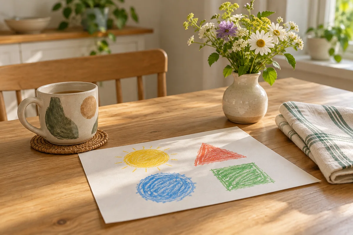 A child's crayon drawing on a table beside a mug and a folded tea towel.