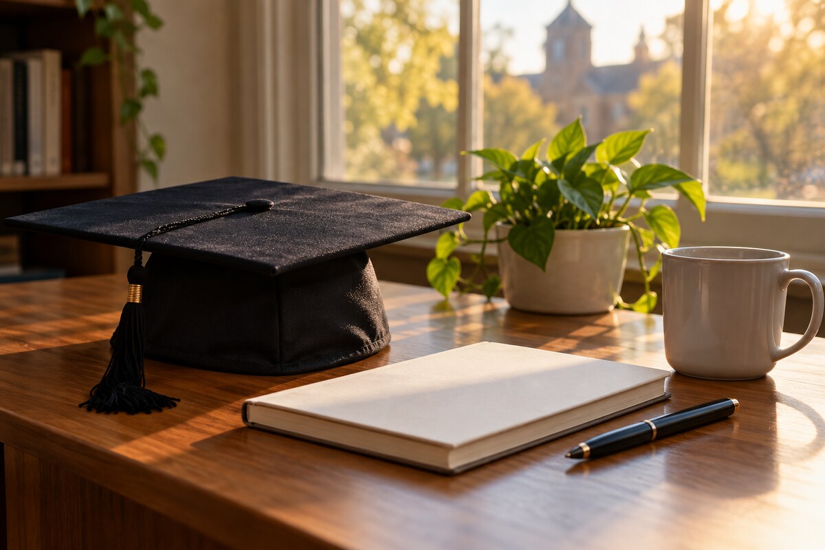 A graduation cap, a notebook and a mug on a desk in afternoon light