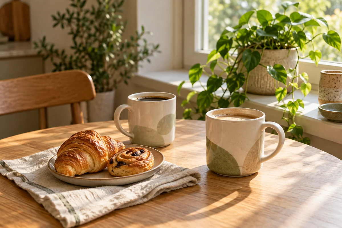Two coffee cups and a shared plate of pastries on a break-room table by a window.