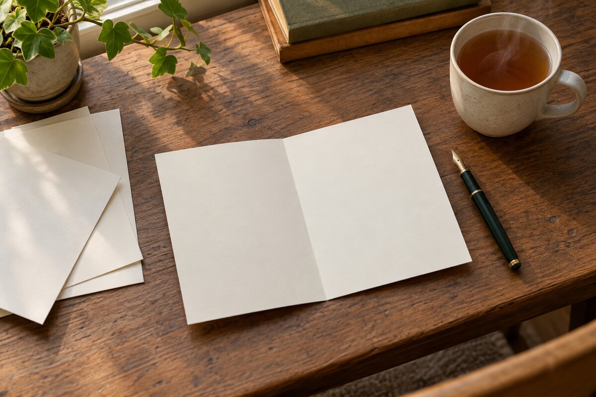 A blank card, a pen and a mug of tea on a desk by a window