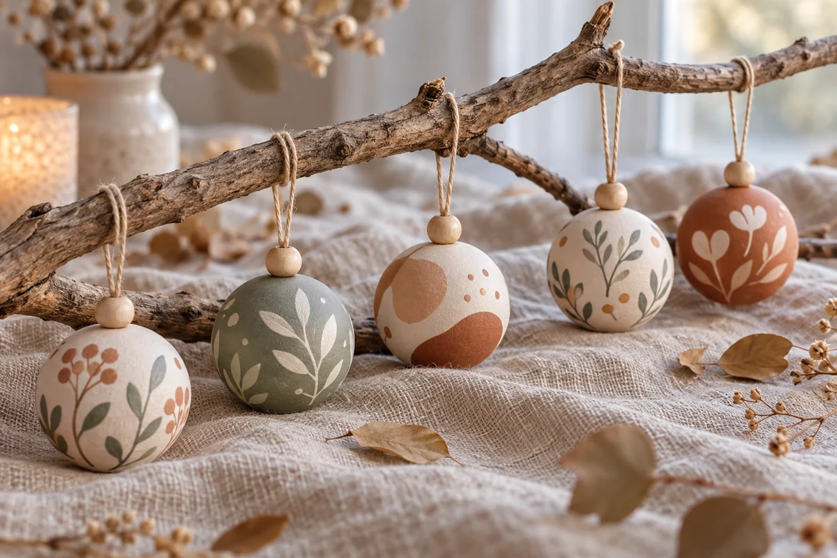 A small stack of ornaments on a bare branch laid on a cloth