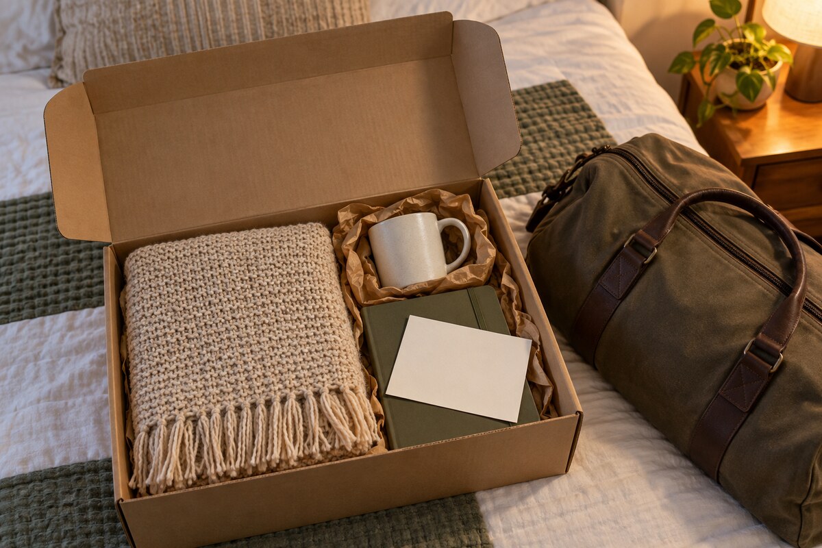 A cardboard box being packed with a throw, a mug and a card on a bed
