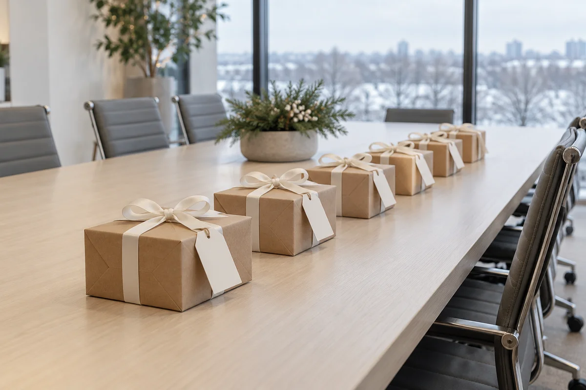 A row of identical small wrapped gifts with blank tags on a long conference table.