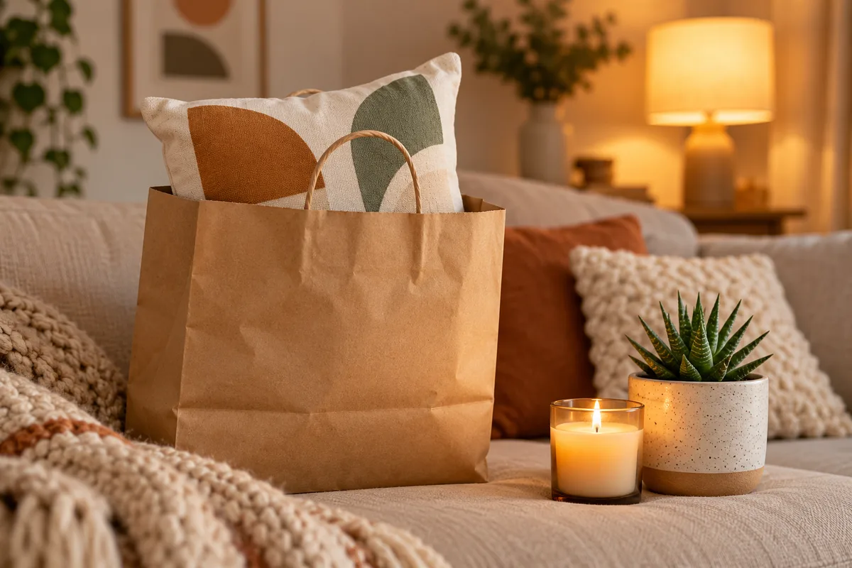 A pillow in a paper bag beside a candle and a small plant on a sofa