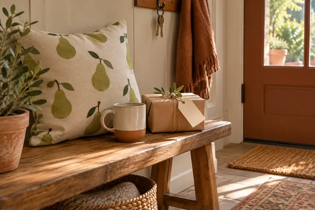 A small gift arrangement of a pillow, a mug and a wrapped parcel on a hallway bench.