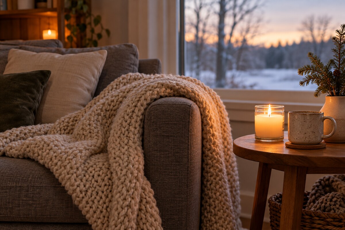 A throw blanket draped over a sofa arm with a candle and a mug beside it
