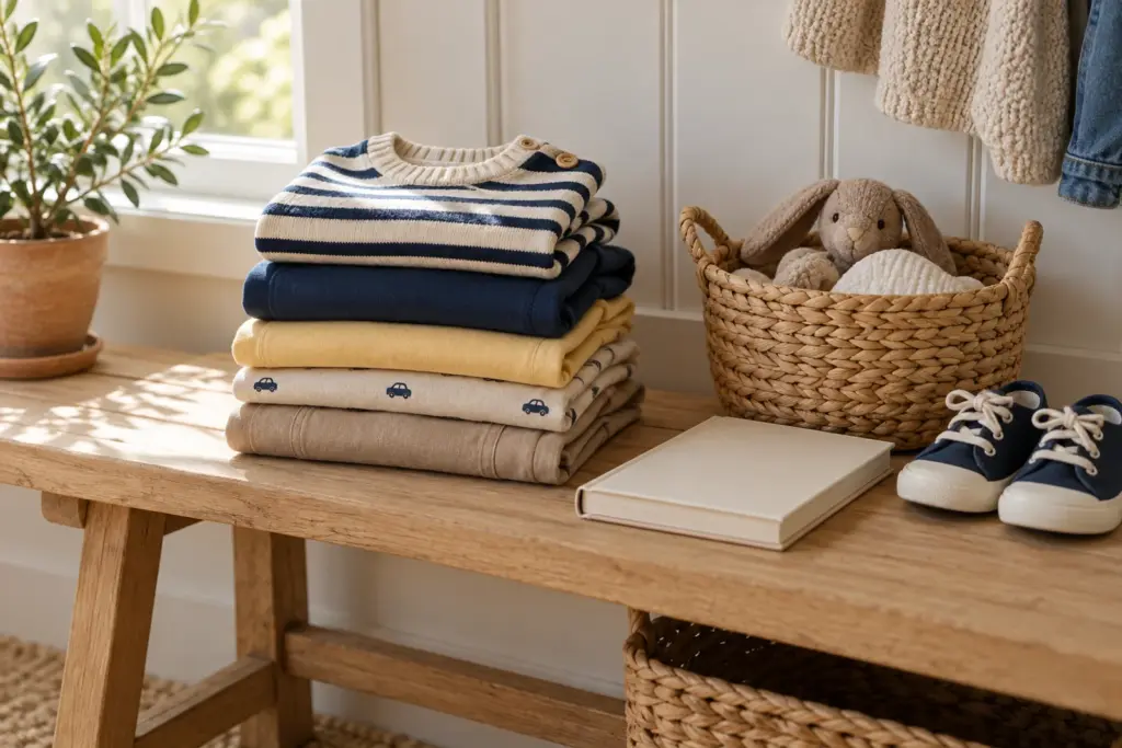 Folded children's clothes in soft colors stacked on a wooden bench beside a small basket