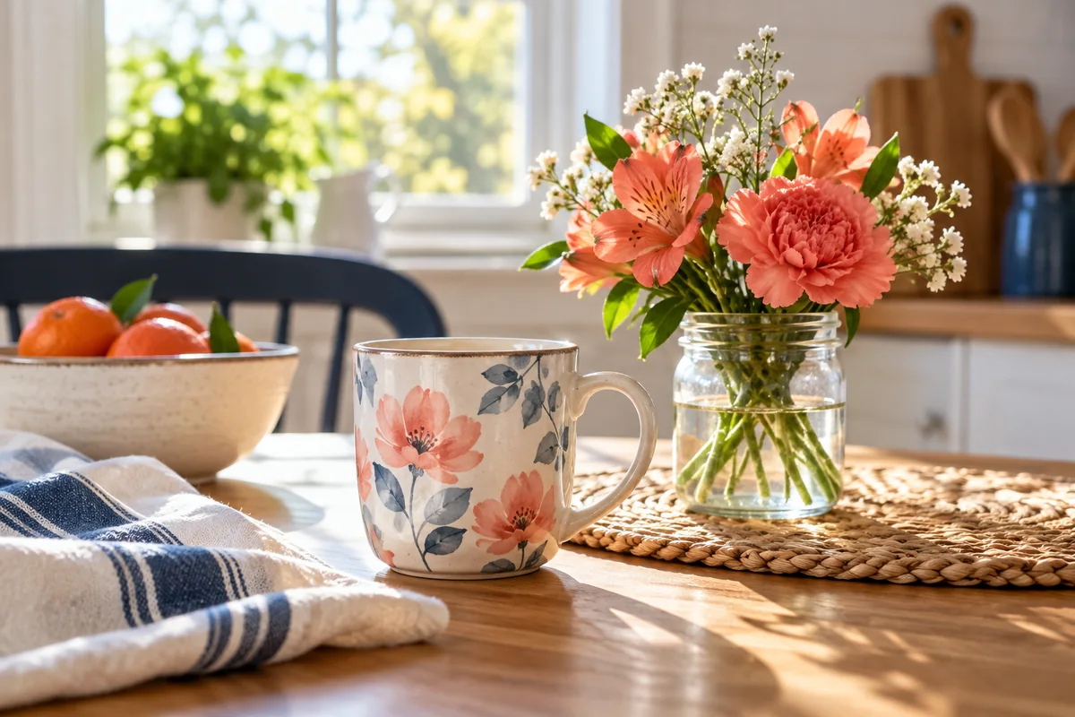 A mug beside a small bunch of flowers on a kitchen table in morning light