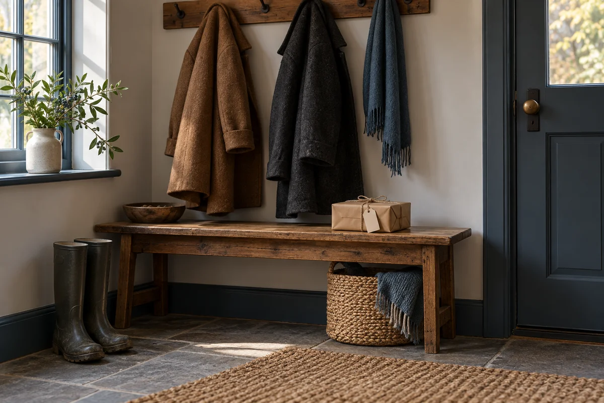 Two coats on hooks beside a pair of boots and a small wrapped gift on a bench.