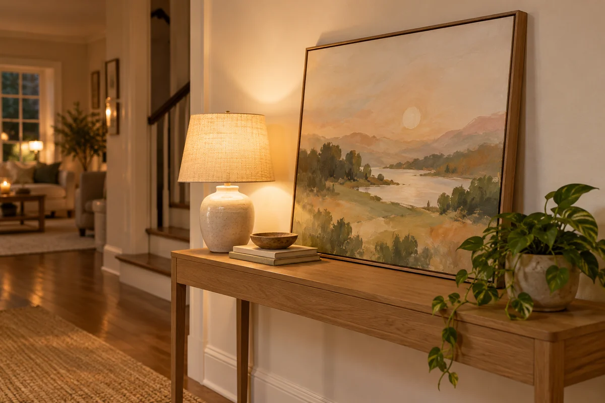 A framed family canvas leaning against a hallway wall beside a console table.