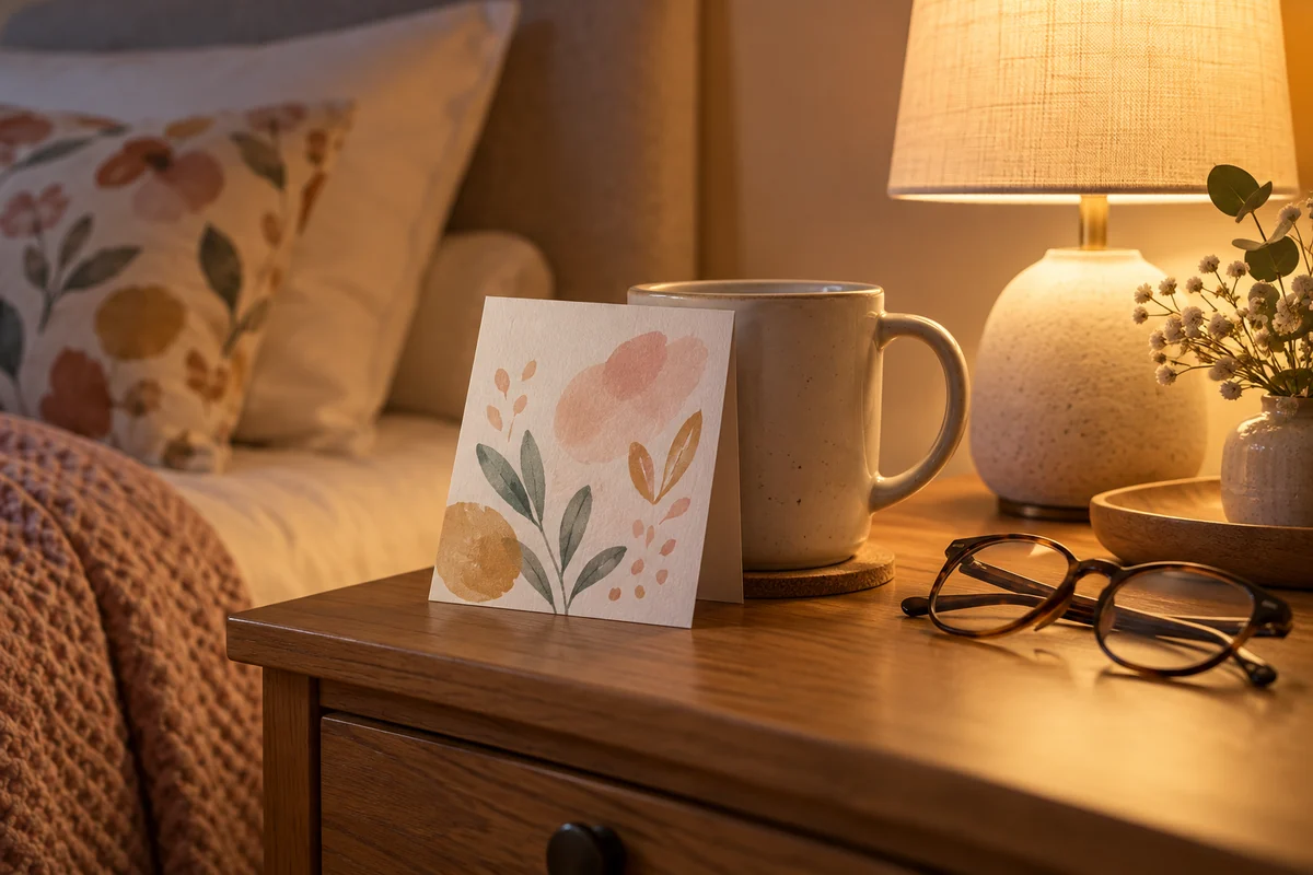 A folded card leaning on a mug beside a pair of reading glasses