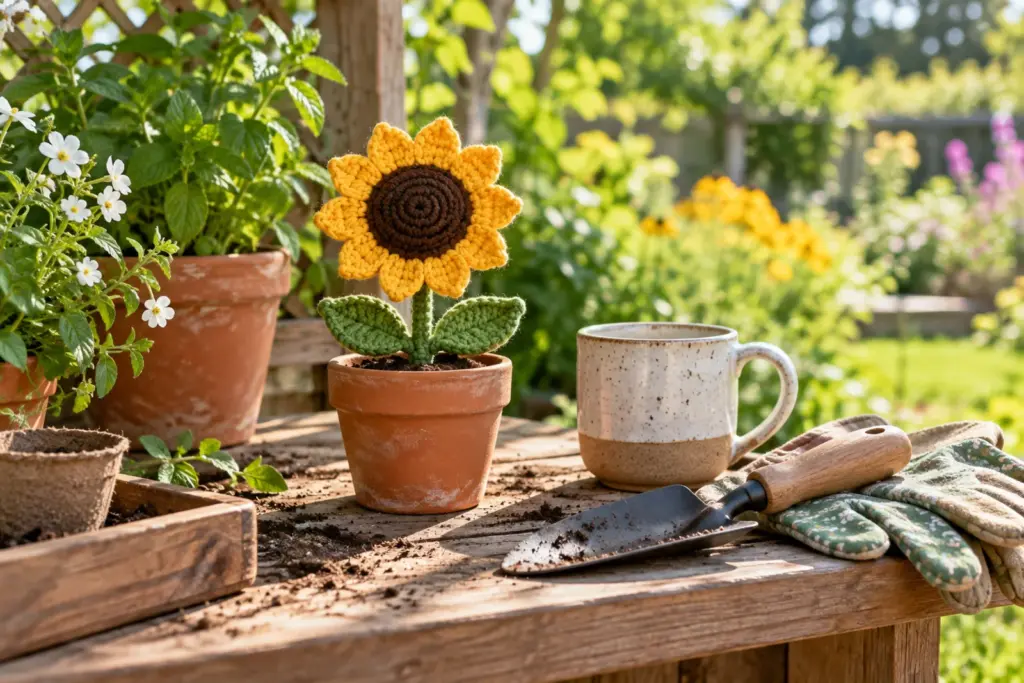 A crochet sunflower in a small pot and a mug on a sunny potting bench.