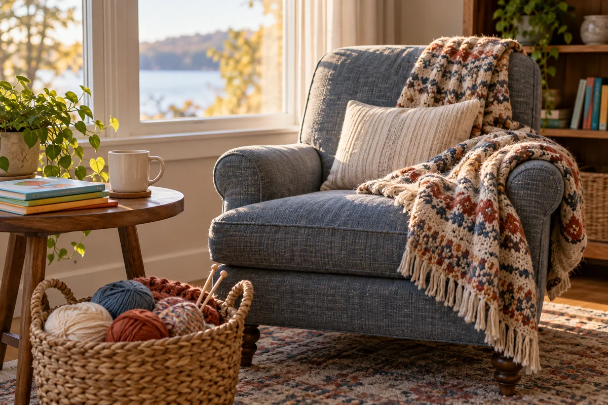 A grandmother's favourite chair with a folded blanket, a mug on the side table and a stack of picture books.