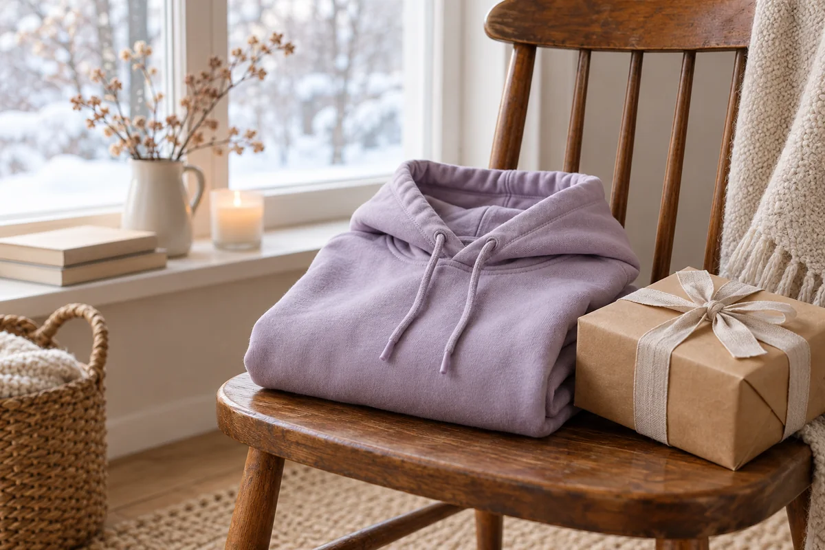 A folded lavender hoodie on a wooden chair with a wrapped parcel beside it.
