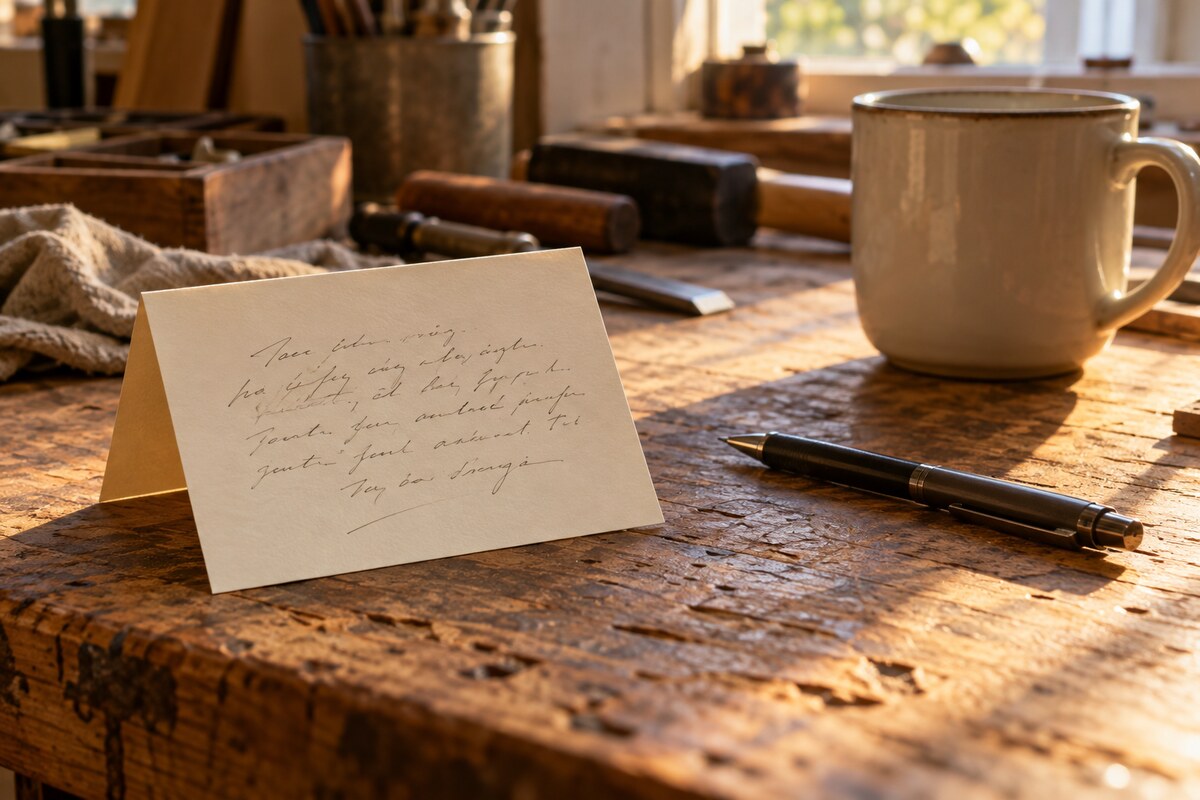 A folded card and a pen on a workbench beside a large mug