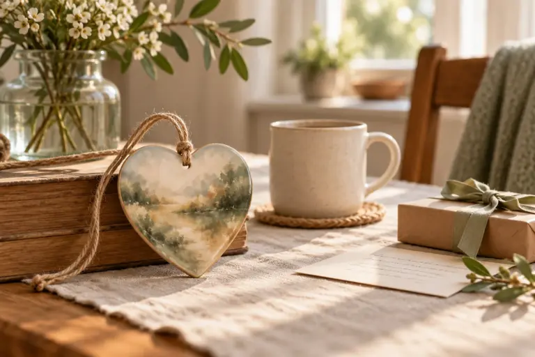 A heart-shaped ornament, a mug and a small gift box on a covered table with a handwritten card.
