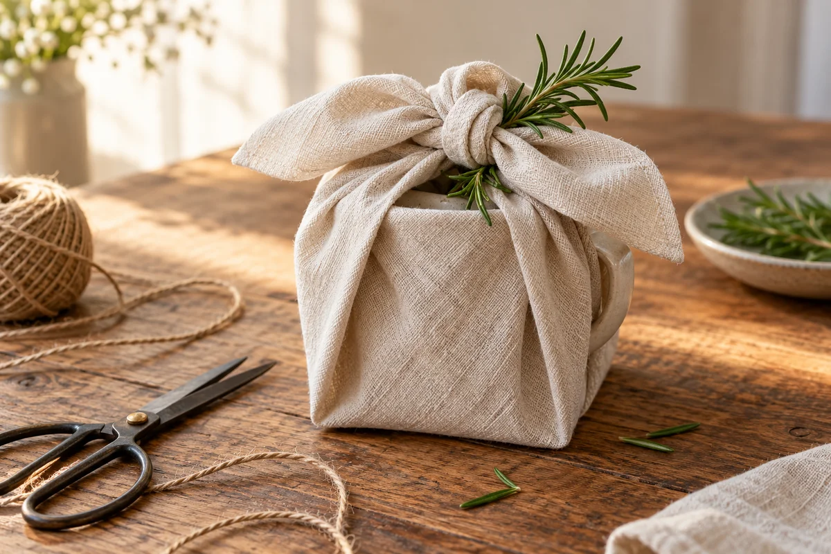 A round plain mug in a square of cream cloth knotted at the top on a table.