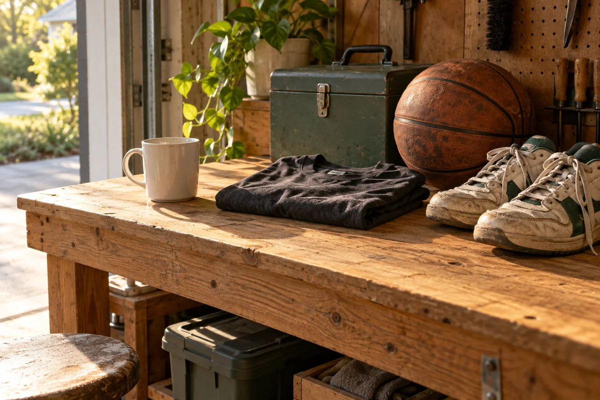 A mug and a folded tee on a workbench beside a pair of old sneakers and a basketball.