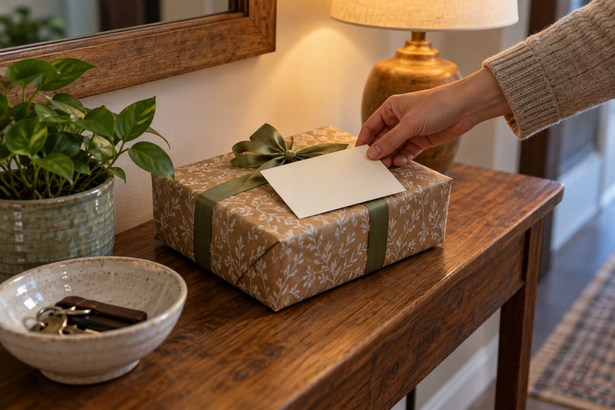 A hand placing a blank card on top of a wrapped gift on a hall table