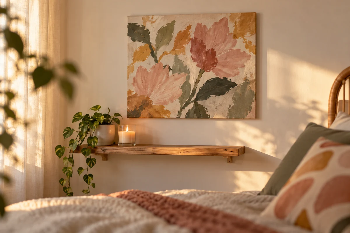 A medium canvas on a bedroom wall above a narrow shelf with a candle and a small plant