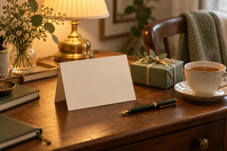 A blank cream card, a pen and a small wrapped gift on a quiet desk.