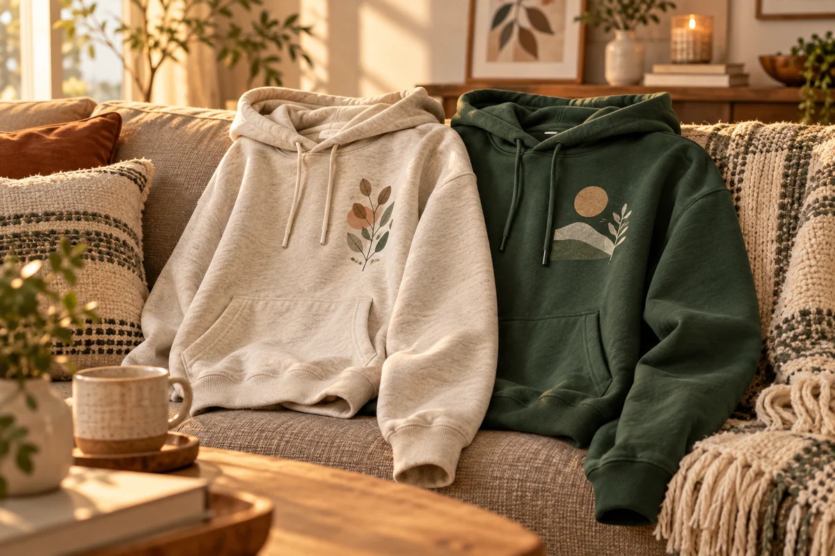 Two hoodies in coordinated colors draped over the back of a sofa